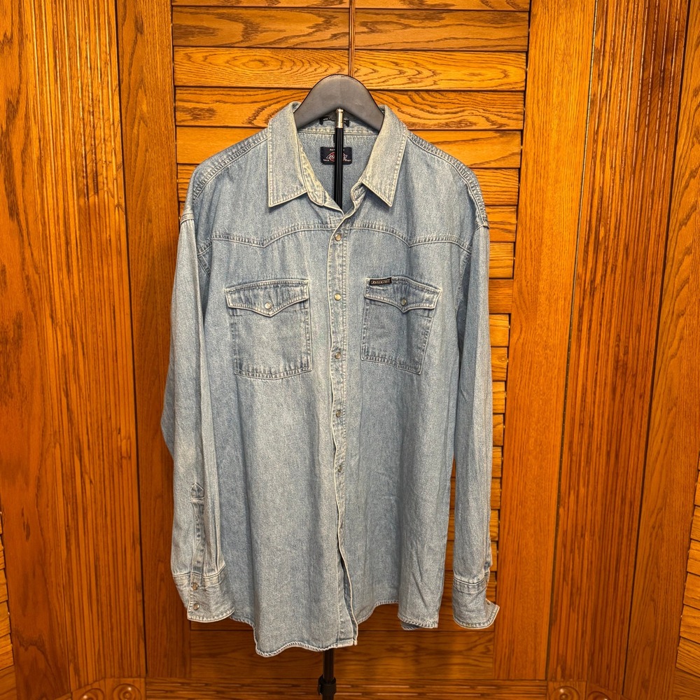 Lot of 2 Dickies Mens XL Blue Denim Pearl Snap Long Sleeve Western Work Shirts